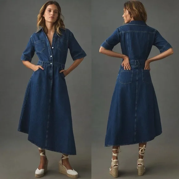 ALIGNE Mateo Short Sleeve Asymmetric Denim Midi Shirt Dress 12 Anthropologie - Picture 2 of 15